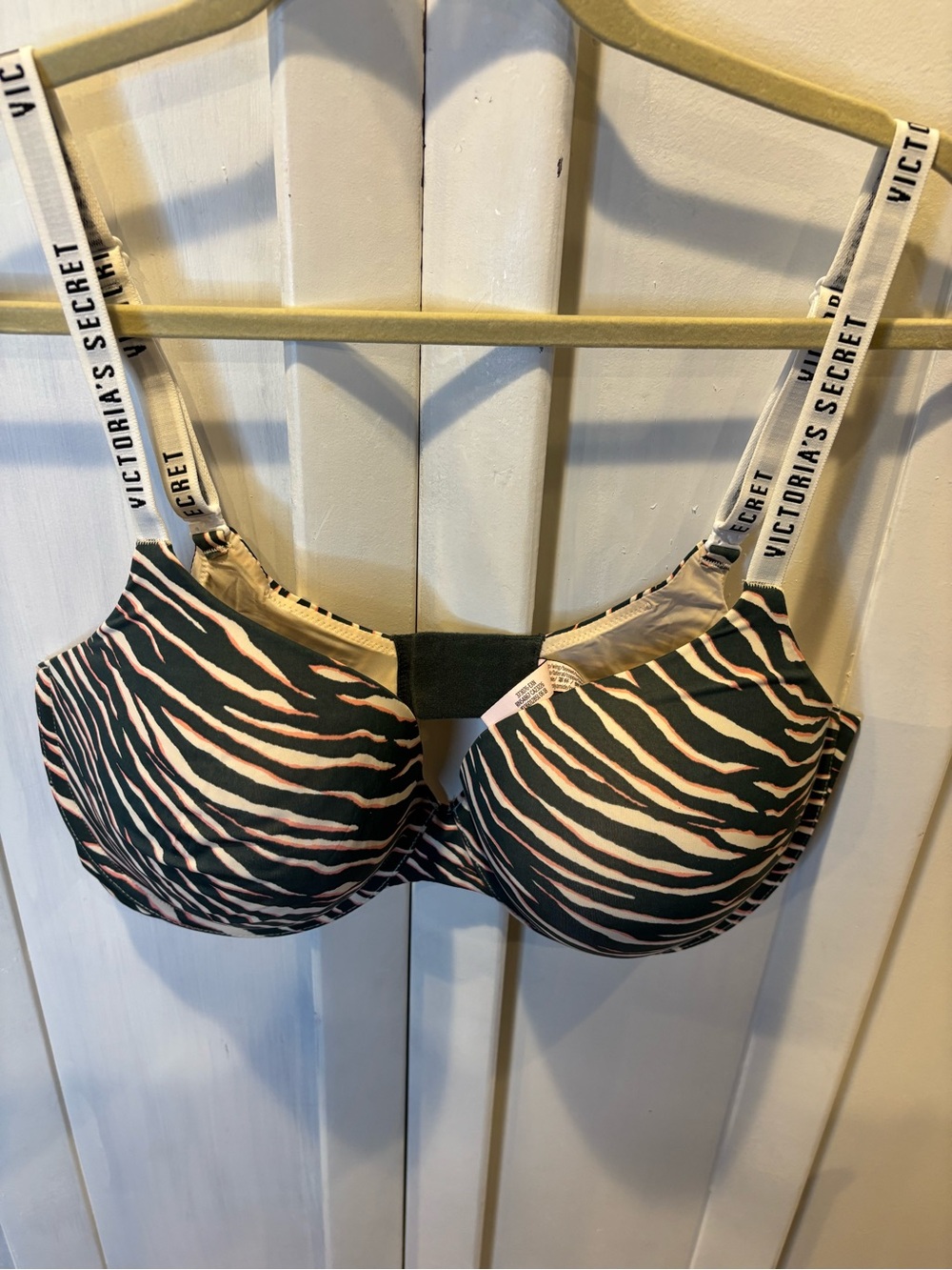 Victoria's Secret Black and Pink Zebra Print T-Shirt Bra with Logo Straps